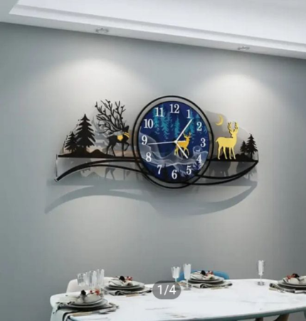 forest figure Deer 3d wood Wall clock blue jungle with light Fancy Clocks for Bedroom and Drawing Room(with light)