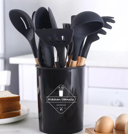 12 Pcs Silicone Cooking Utensils Kitchen Utensil Set | Heat Resistant Kitchen Non toxic Spatula Set with Turner Tongs,Spoon,Brush,Whisk-Wooden Handle(Random color)